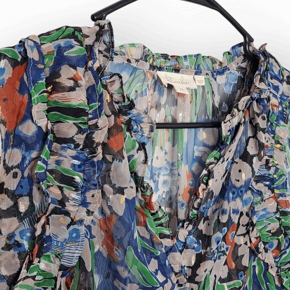 Anthropologie Let Me Be Metallic Sheer Floral Preppy Ruffle Career Top size XS - Picture 8 of 11